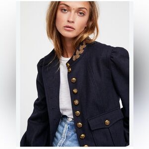 Free People Wool Regan Puff Sleeve Blazer in Navy